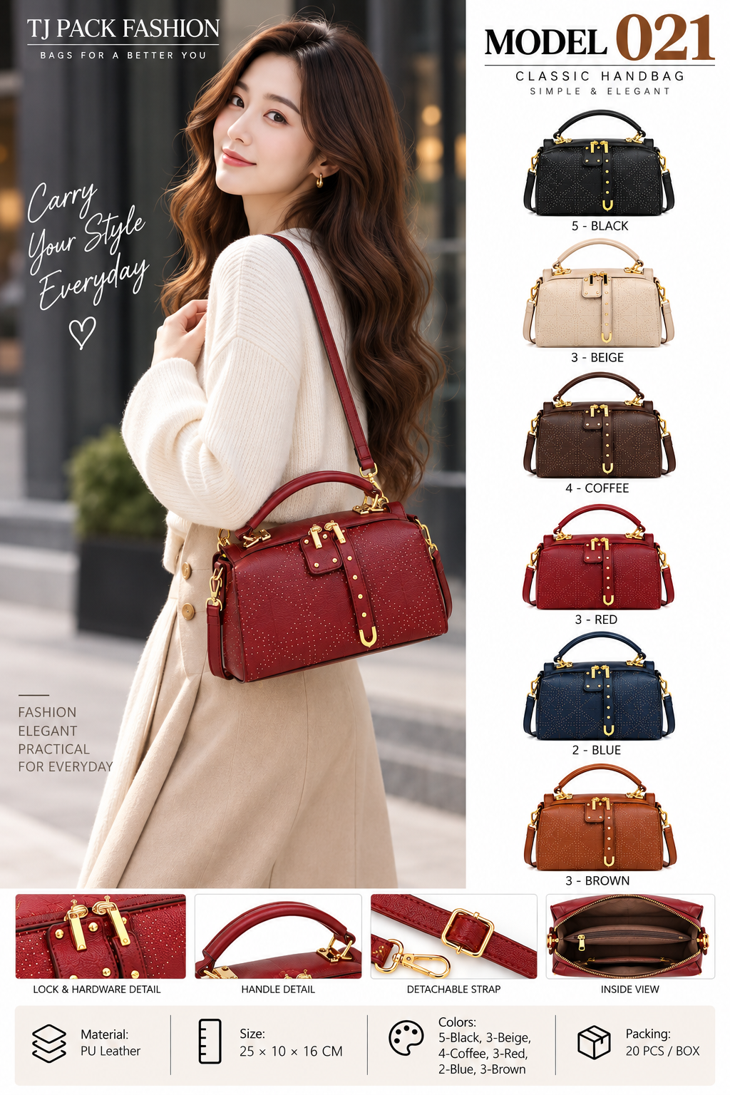 Model 021 – Studded Structured Handbag with Front Strap Detail