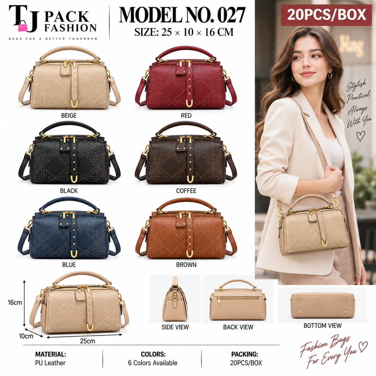 Model No. 027 – Studded Quilted Structured Top-Handle Satchel