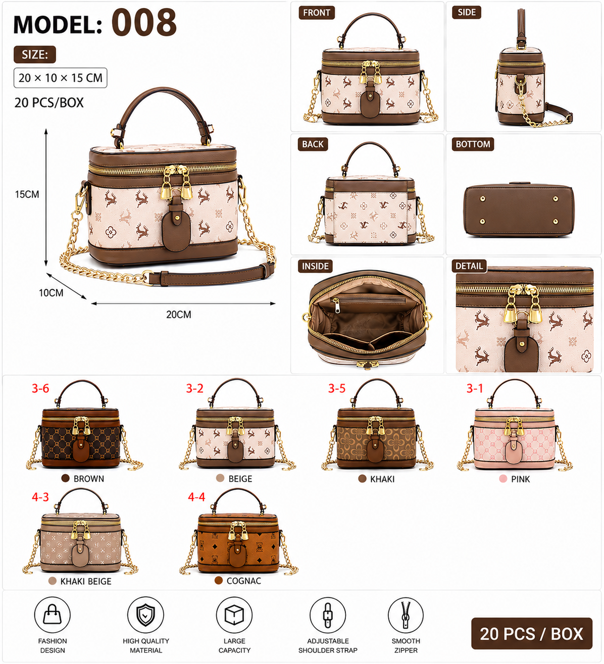 Model 008 – Structured Box Bag with Double-Zip Closure & Chain Strap