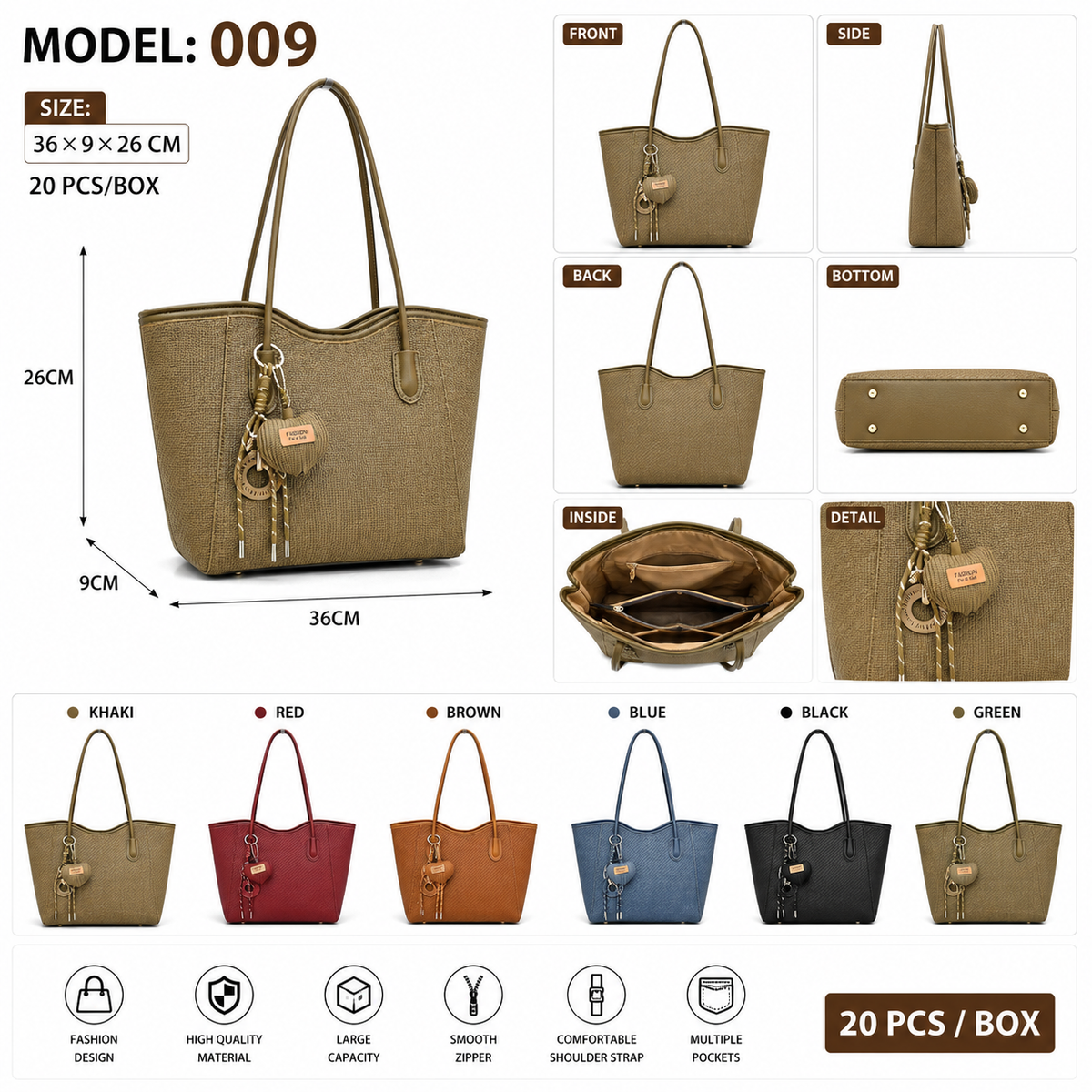 Model 009 – Textured Structured Tote Bag with Charm