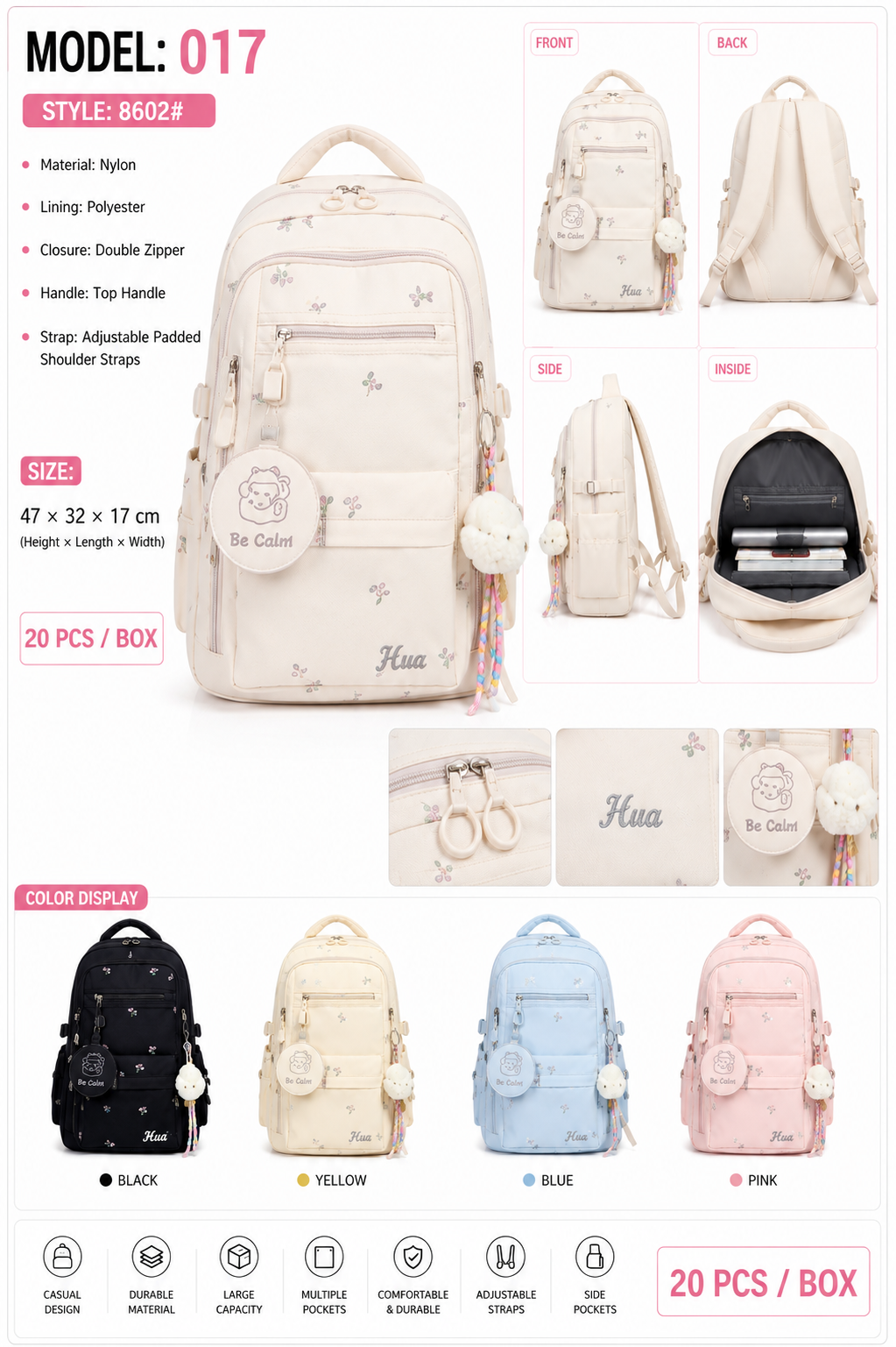 Model 017 – Floral Multi-Pocket Backpack with Cute Charm