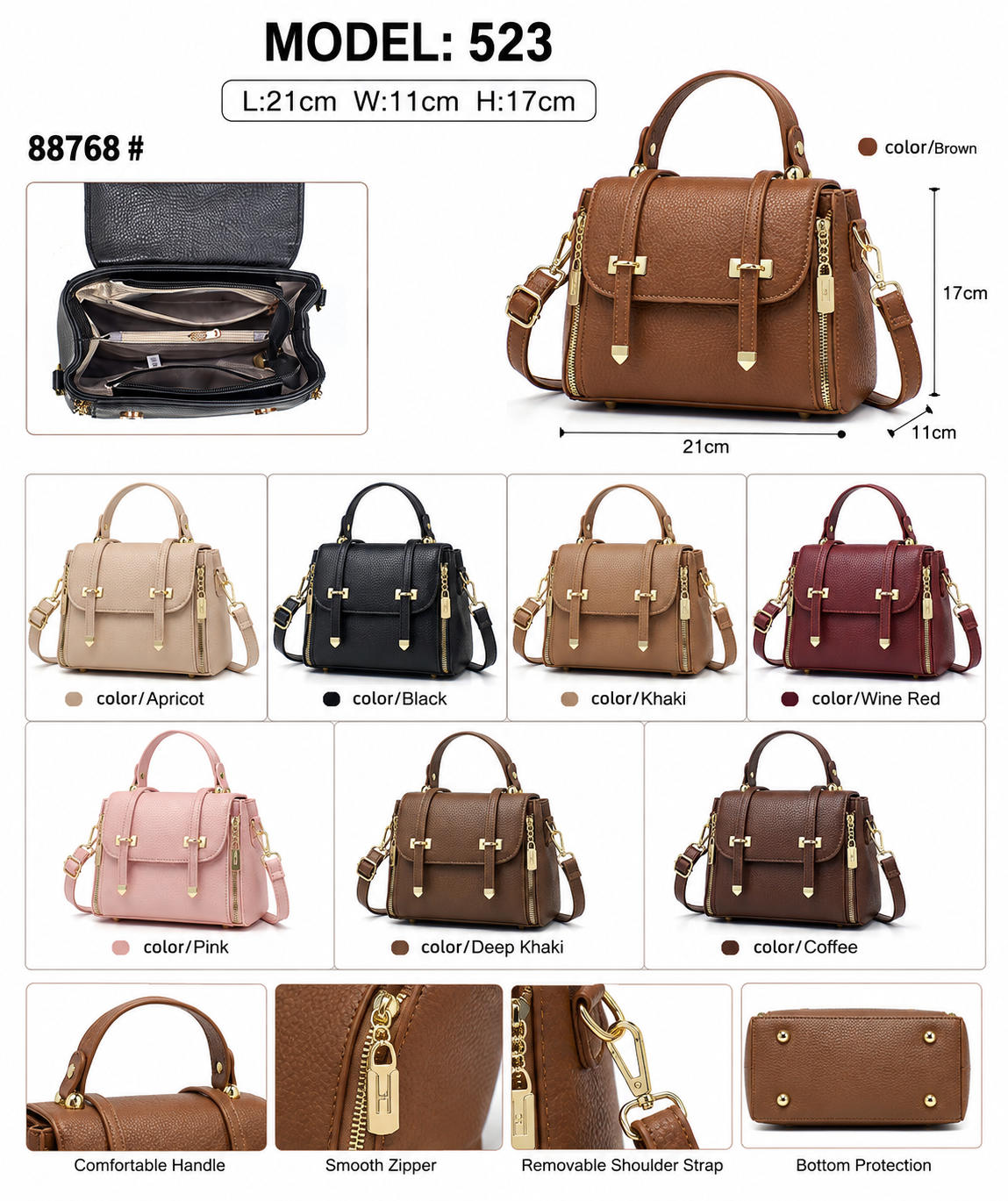 Model 523 Women Fashion Structured Handbag with Dual Zipper Details