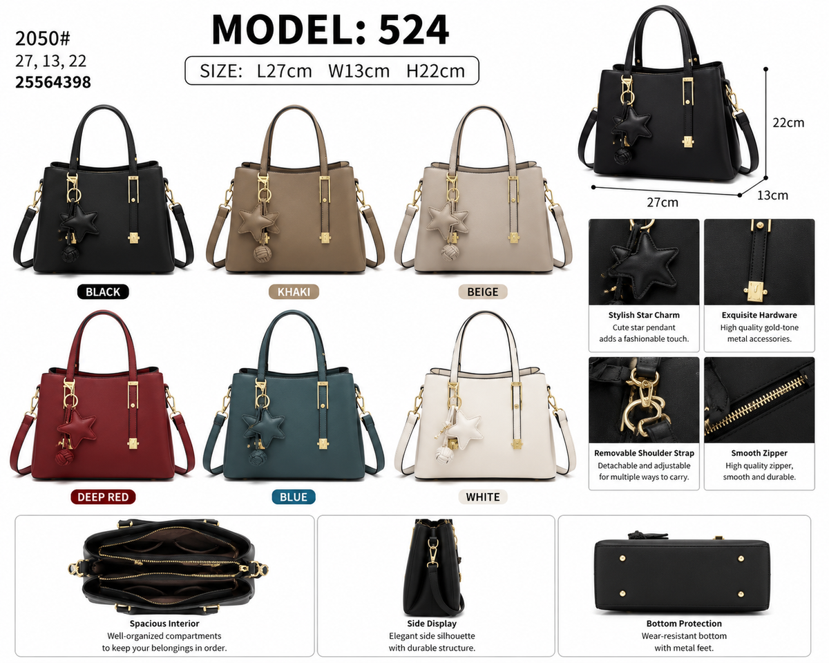 Model 524 Women Fashion Structured Tote Handbag with Star Charm