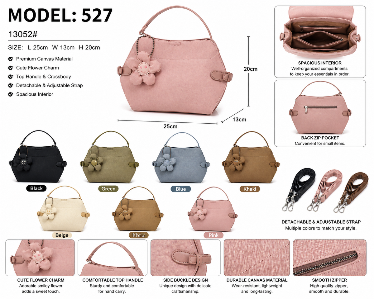 Model 527 Women Fashion Flower Charm Structured Handbag