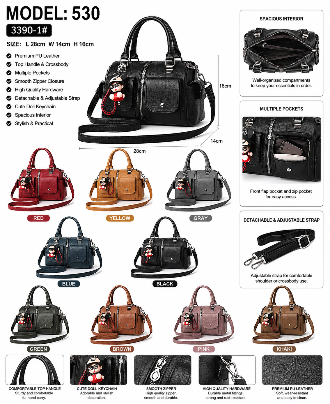 Model 530 Women Fashion Multi-Pocket Handbag