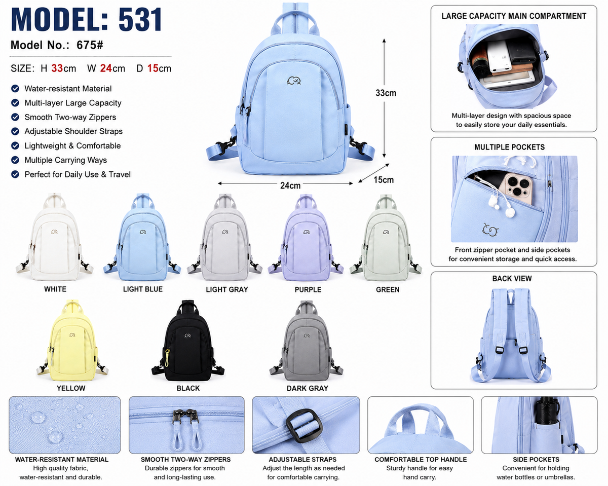 Model 531  Fashion Multi-Pocket Travel Backpack