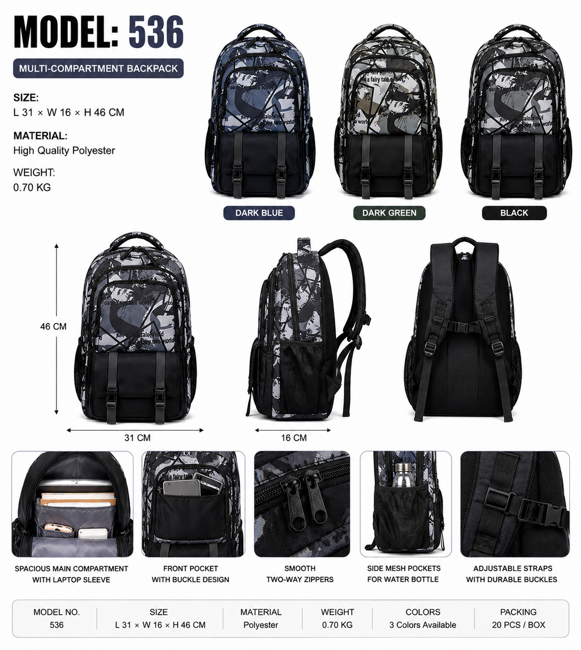 Model 536 Fashion Multi-Compartment Laptop Backpack