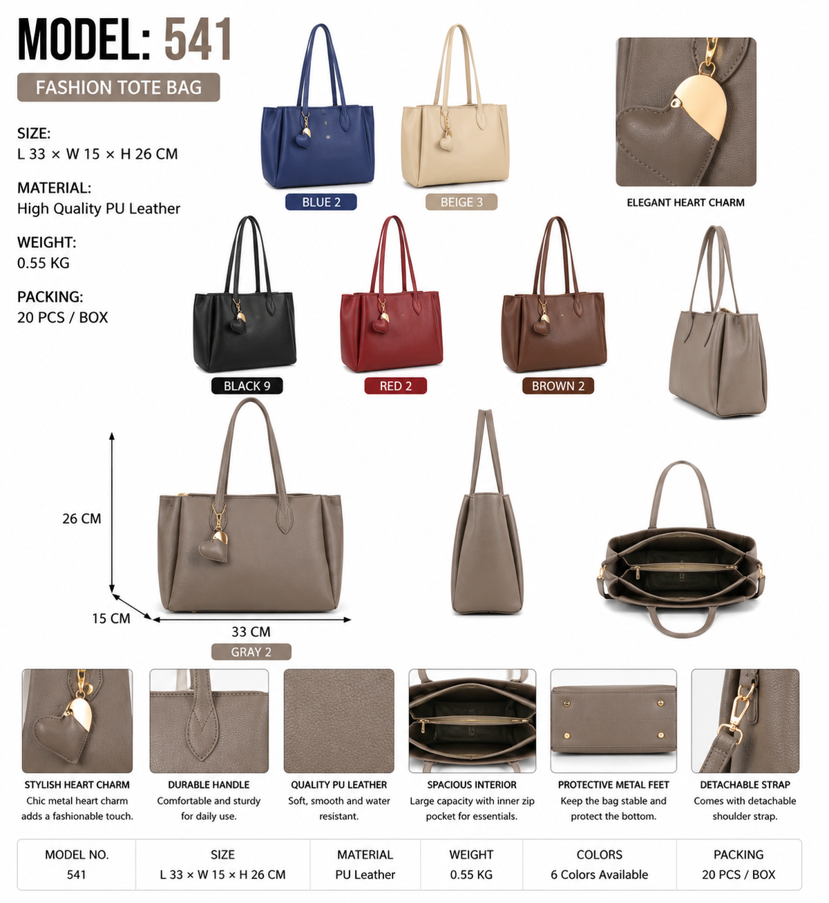 Model 541 Women Fashion Heart Charm Structured Tote Handbag