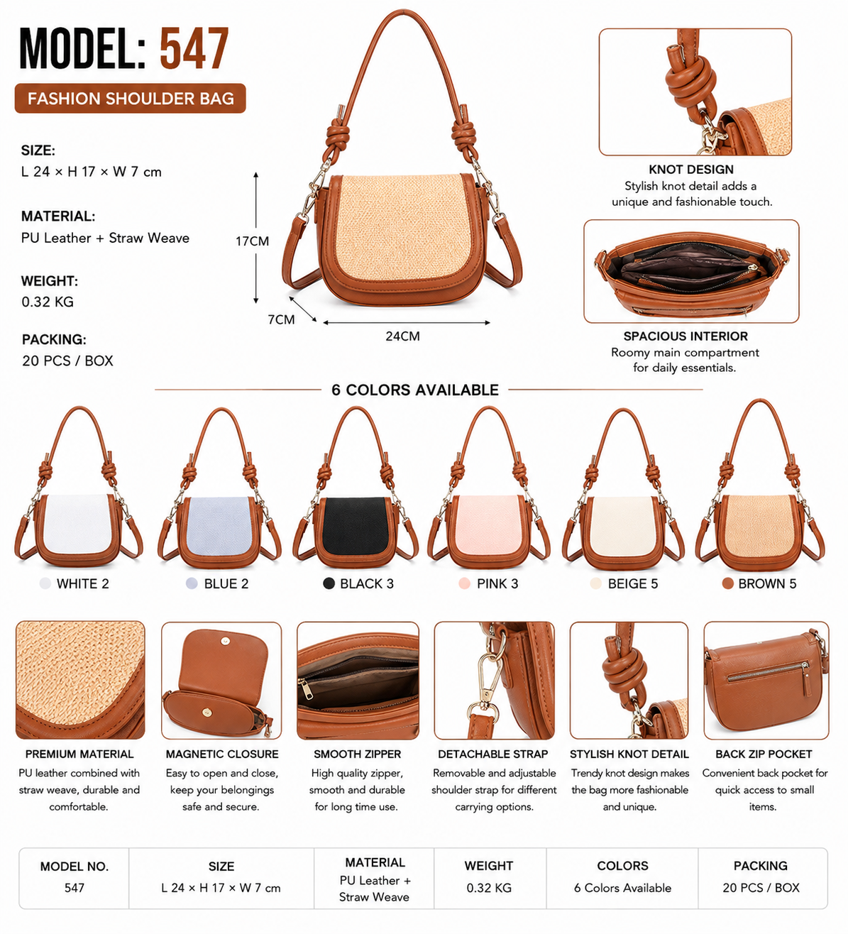 Model 547 Women Fashion Straw-Panel Shoulder Bag