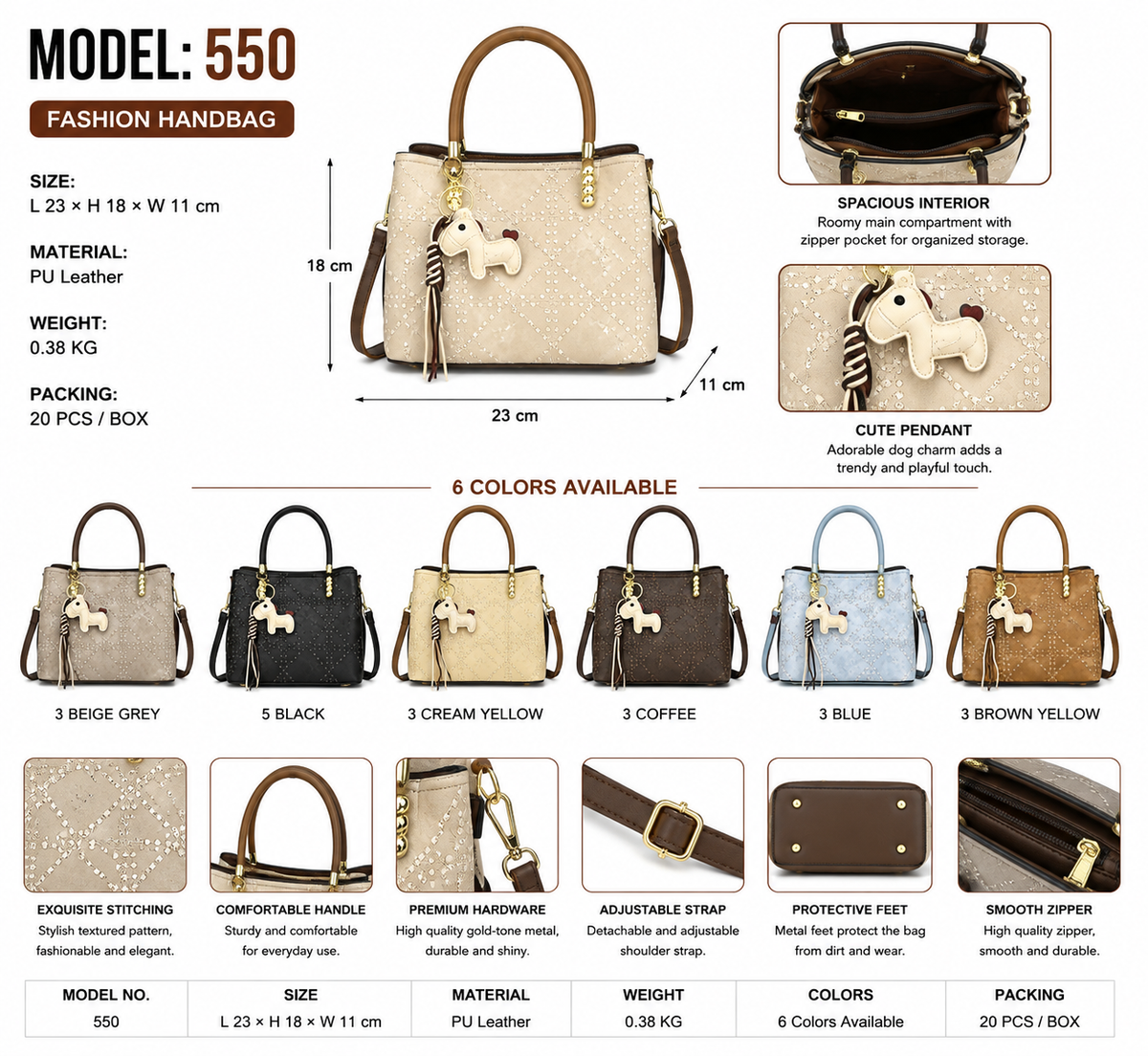 Model 550 Women Fashion Quilted Charm Handbag