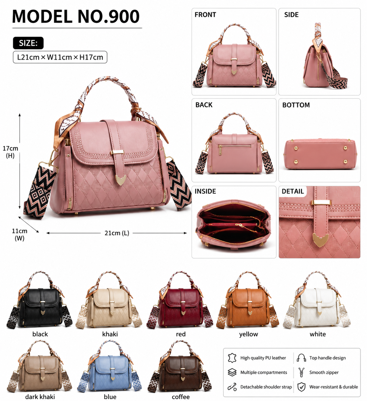 Model No. 900 Small Quilted Women Purse with Top Handle and Detachable Strap