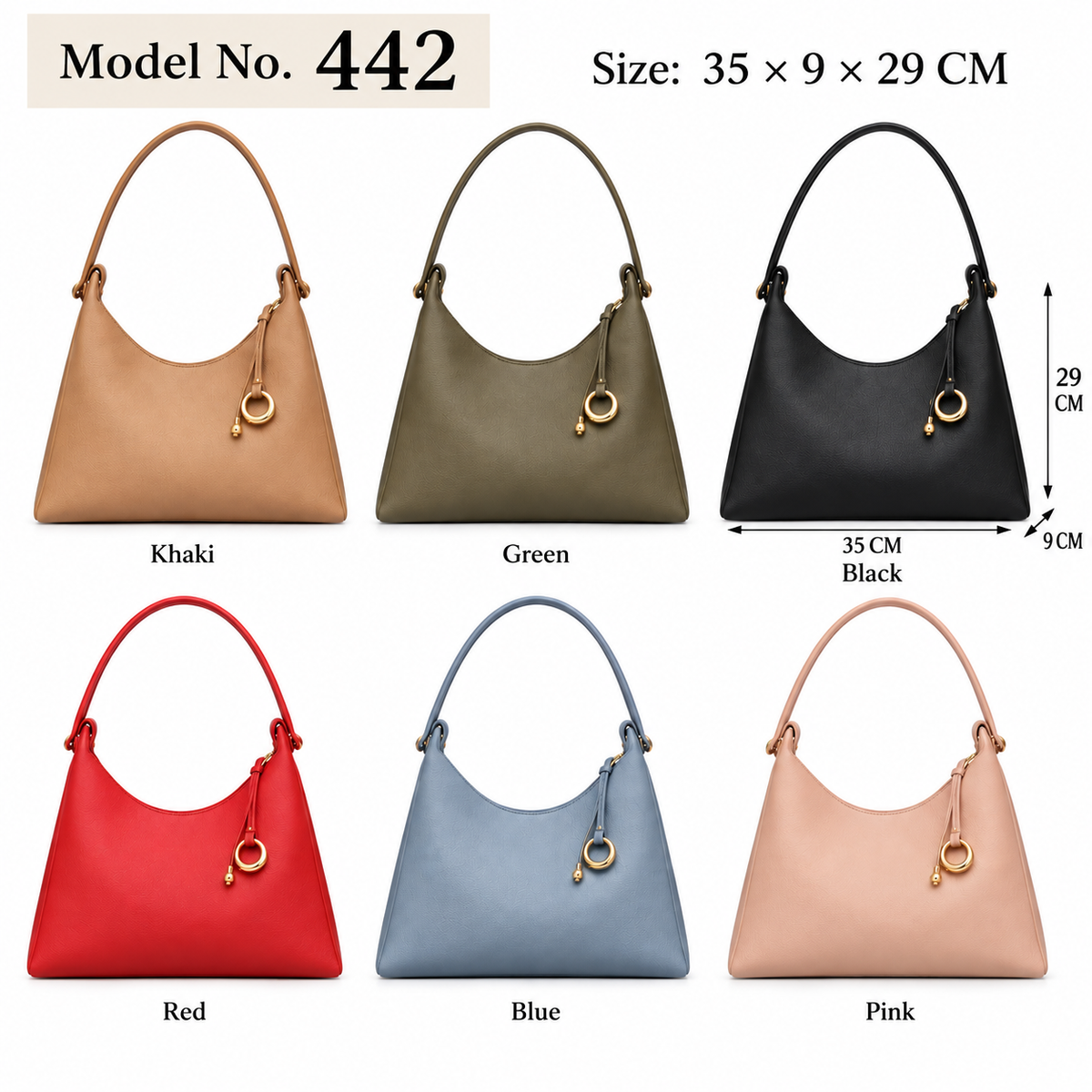 Model 442 – Large Hobo Shoulder Bag with Gold Ring Charm
