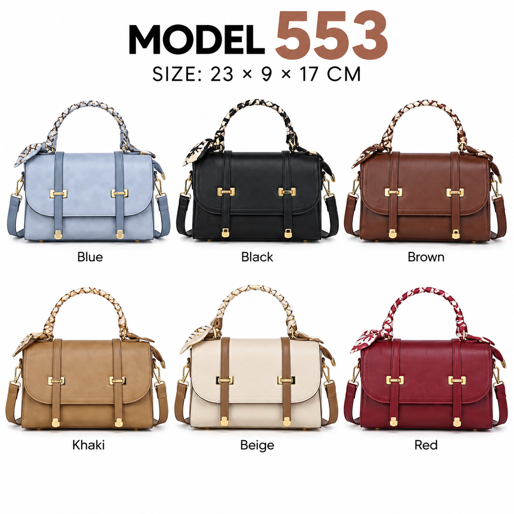 Model 553 – Structured Flap Satchel with Scarf-Wrapped Handle