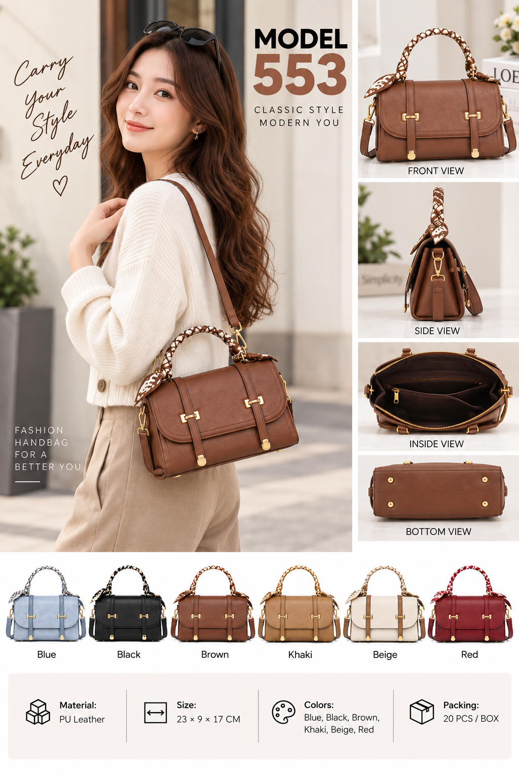 Model 553 – Structured Flap Satchel with Scarf-Wrapped Handle