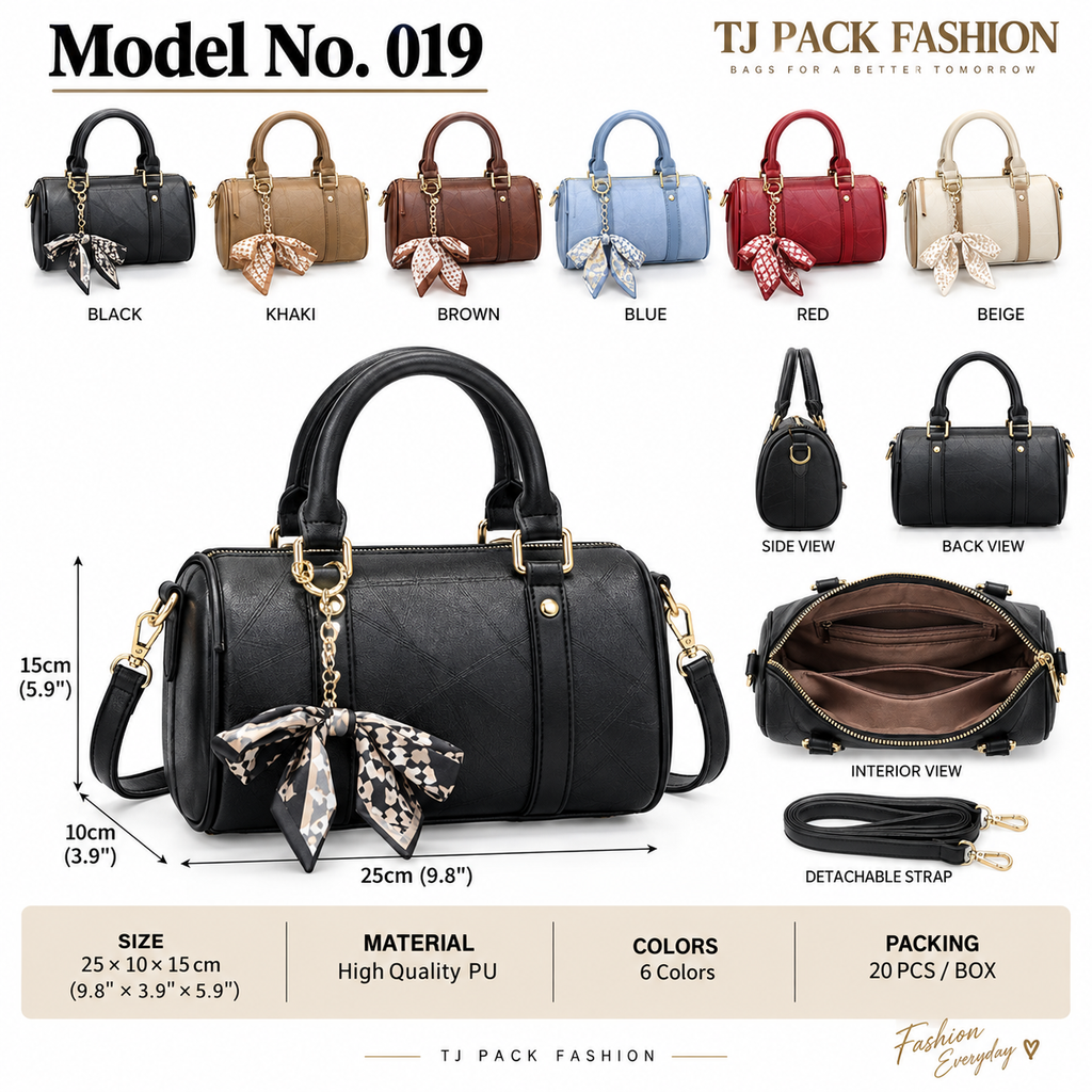 Model No. 019 – Textured Bow-Accent Barrel Handbag