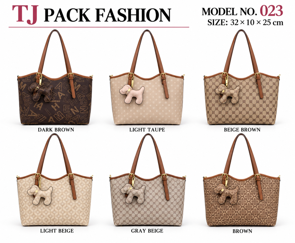 Model No. 023 – Patterned Tote Handbag with Plush Charm